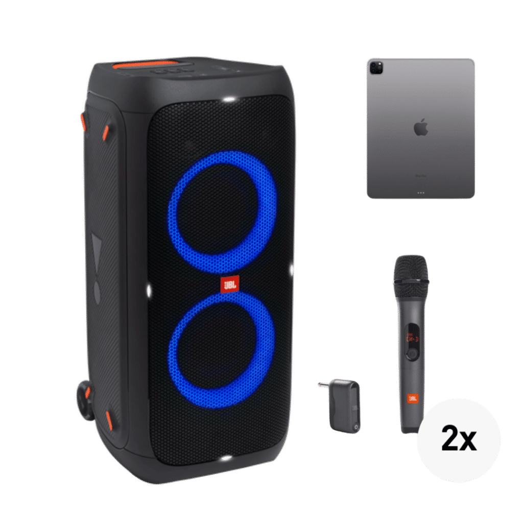 set voor karaoke met JBL 310 Party speaker 2 bluetooth microfoons en een iPad