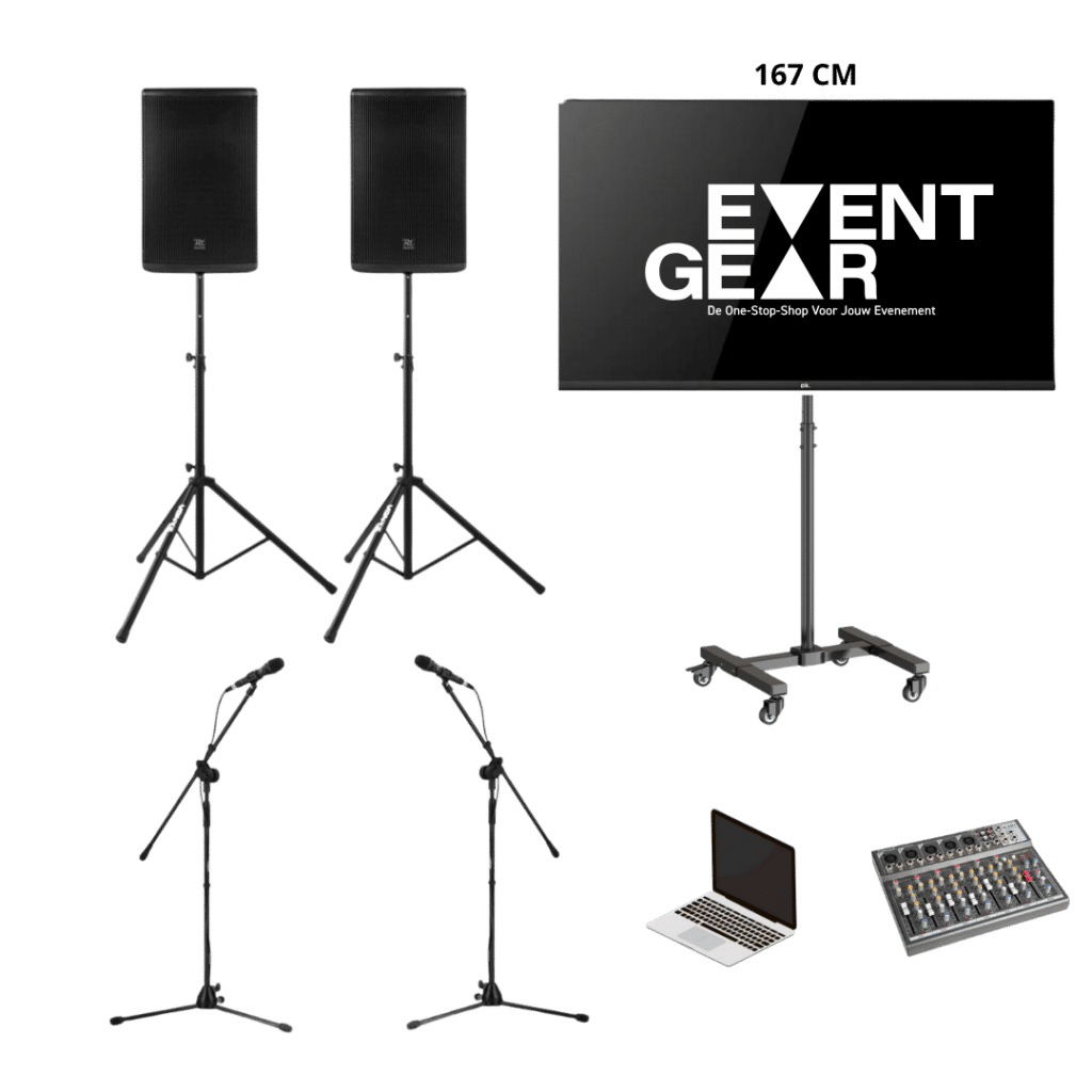 groot pakket voor karaoke met microfoons laptop mengpaneel speakers en groot beeldscherm