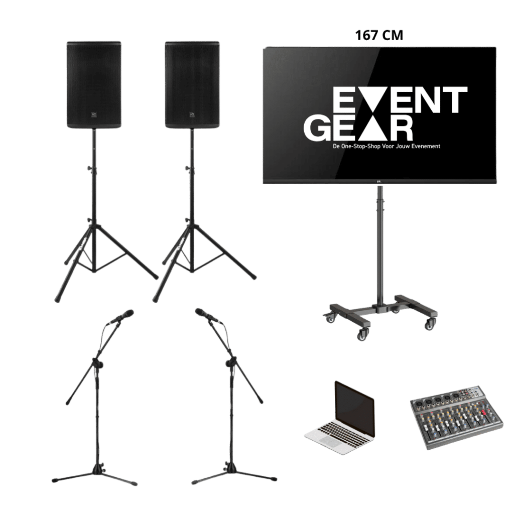 groot pakket voor karaoke met microfoons laptop mengpaneel speakers en groot beeldscherm