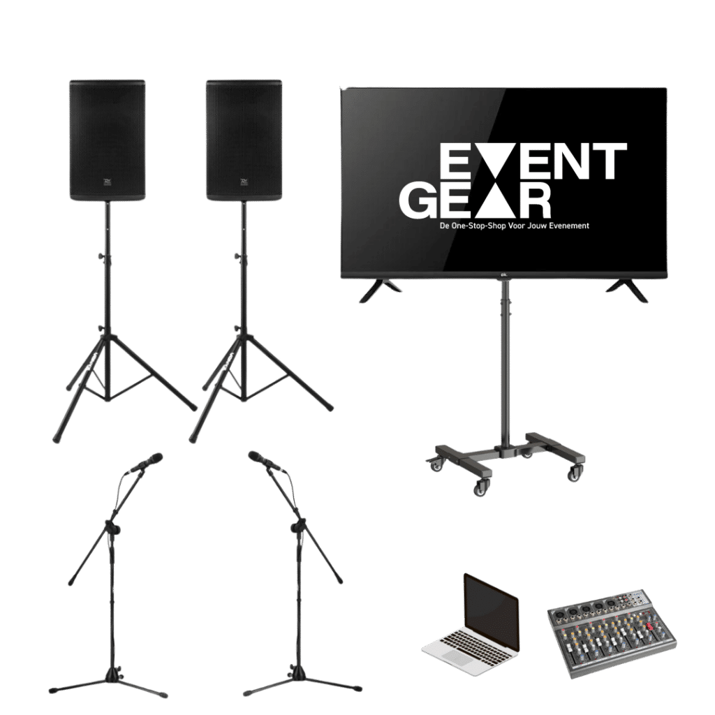 Presentatie set met bewegende tv scherm boxen op statieven en microfoons op statieven laptop en mengpaneel