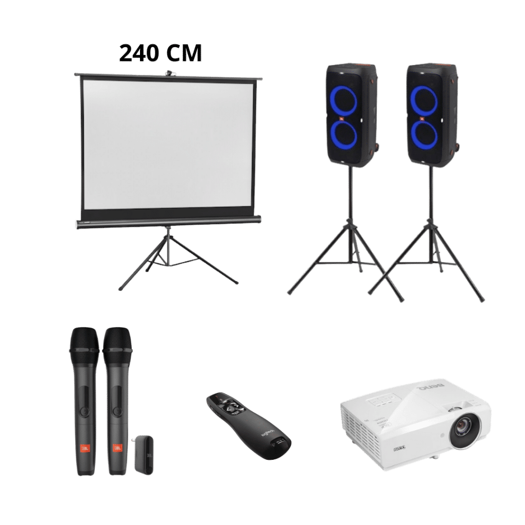 set voor presentaties met projectie scherm, draadloze microfoons speakers op statief, presentatie presenter en beamer