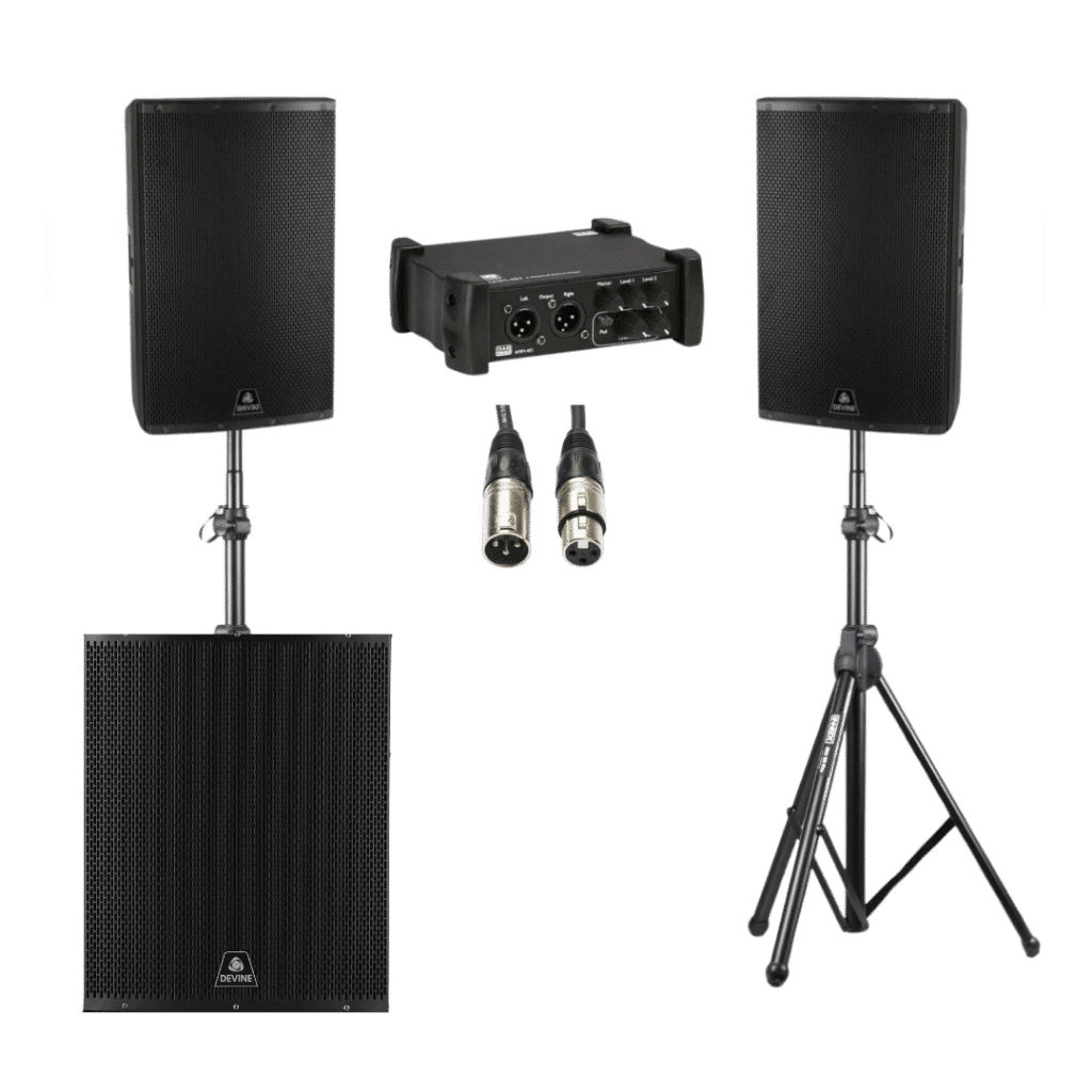 handige speakers sets met subwoofer en soundboxes, XLR kabels en DAP mixer