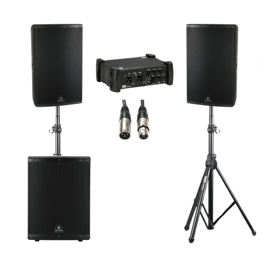 handige speakers sets met subwoofer en soundboxes, XLR kabels en DAP mixer