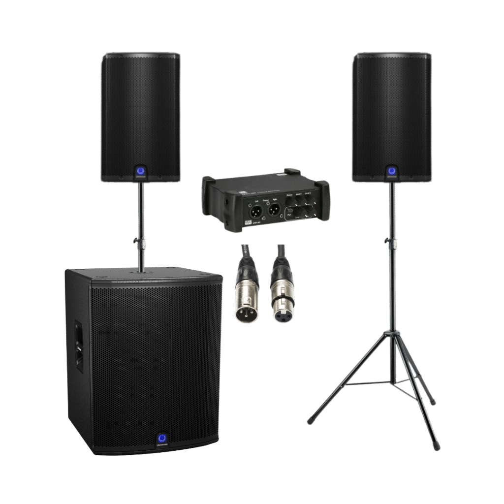speaker sets met soundboxes en subwoofer, XLR kabels en DAP mixer