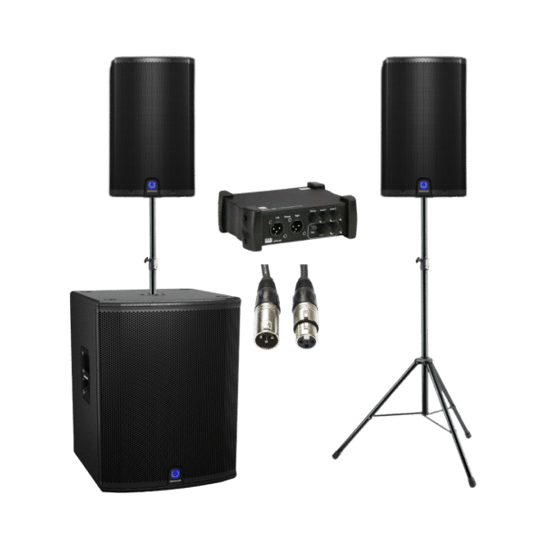 speaker sets met soundboxes en subwoofer, XLR kabels en DAP mixer