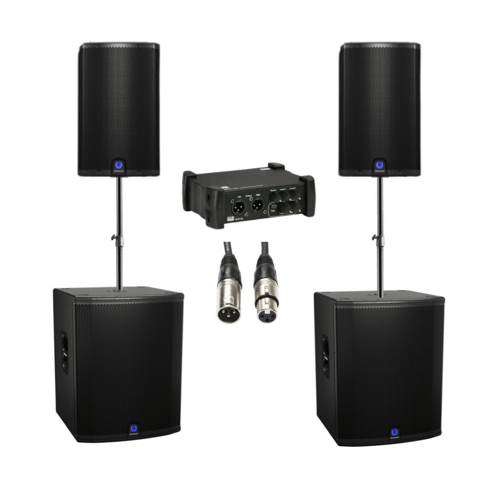 speaker sets met soundboxes en subwoofers, XLR kabels en DAP mixer