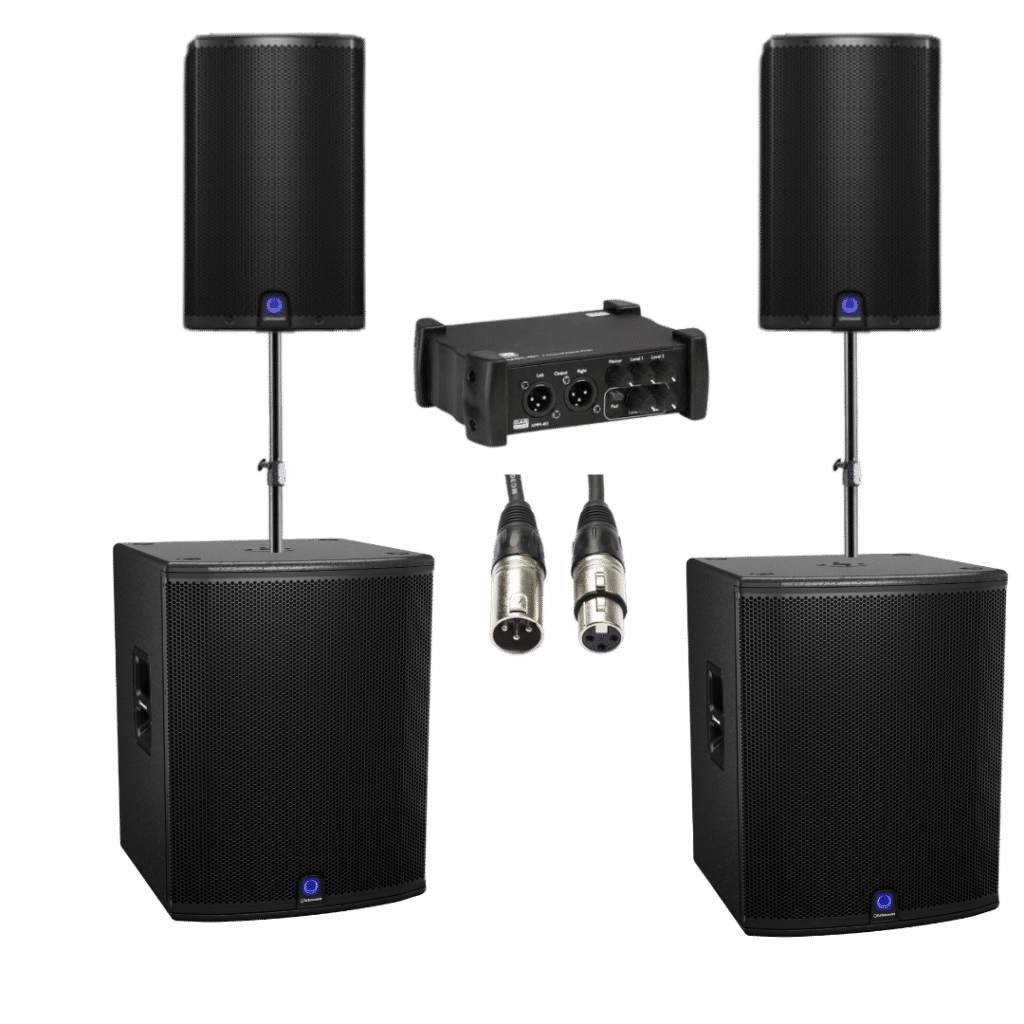 speaker sets met soundboxes en subwoofers, XLR kabels en DAP mixer