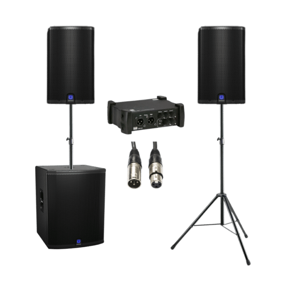 speaker set met subwoofer en soundboxes van turbosound, DAP mixer en XLR kabels