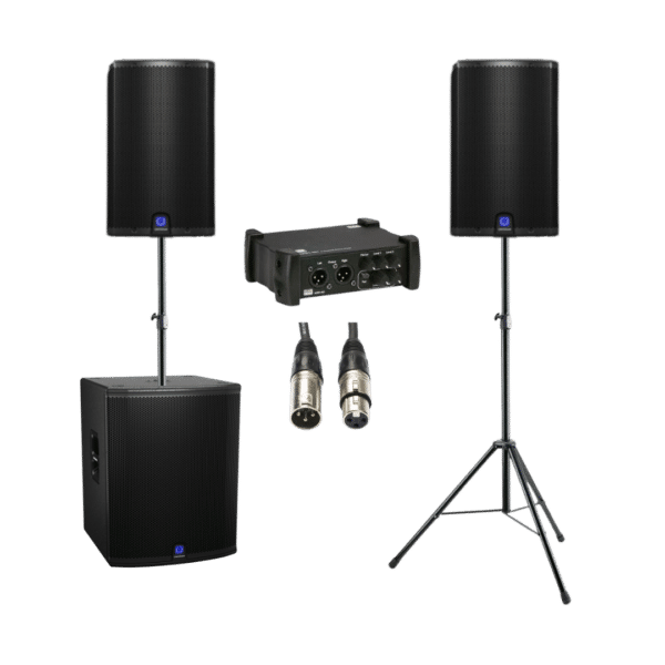 speaker sets met soundboxes en subwoofer, XLR kabels en DAP mixer