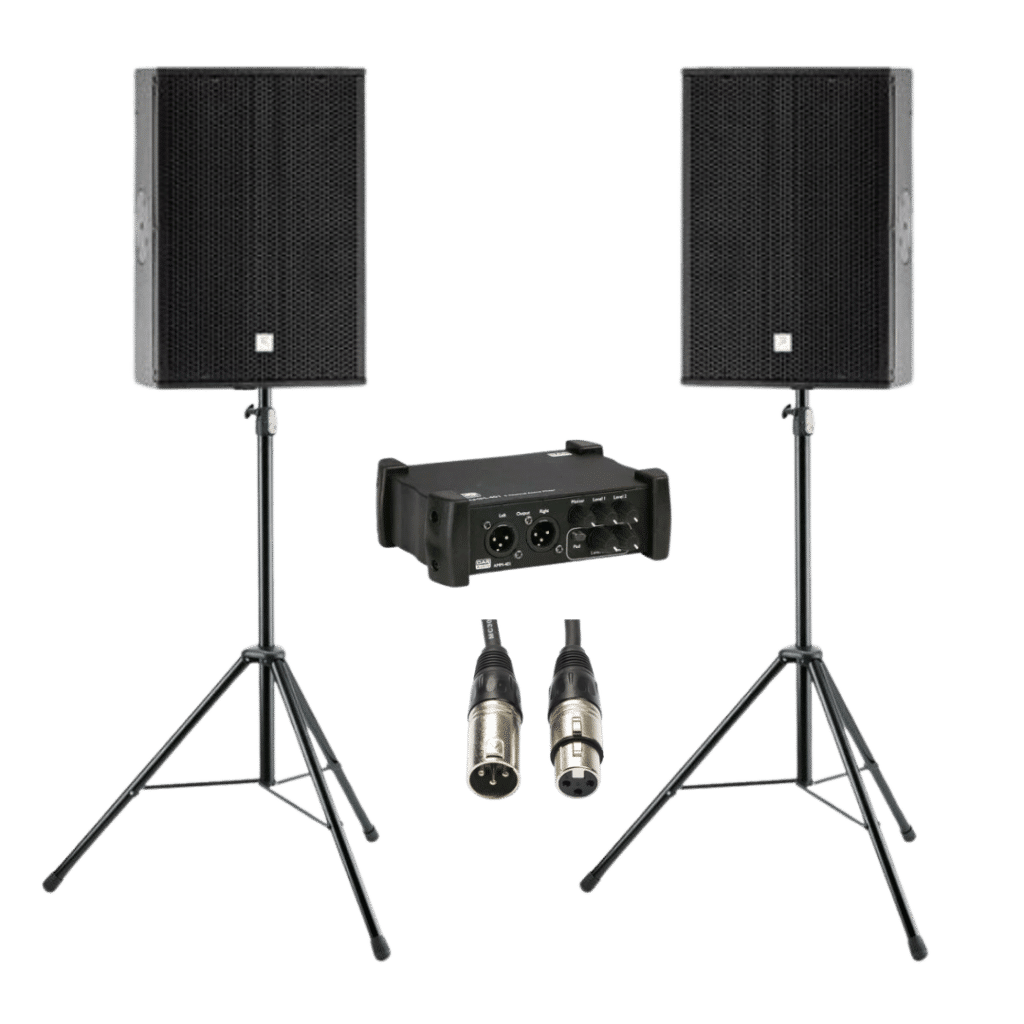 Speaker set met speakers op statief XLR kabels en DAP mixer