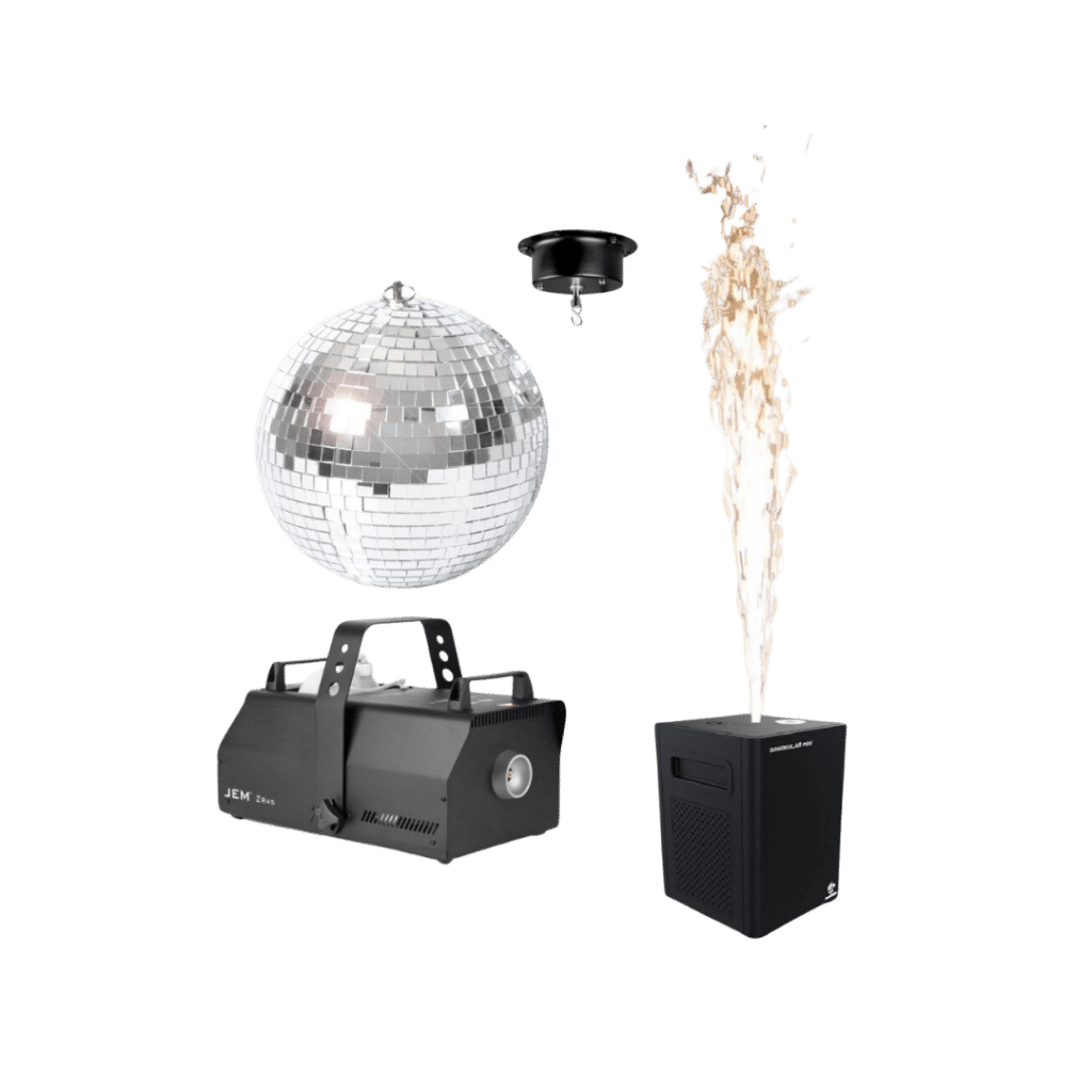 Pakket voor specials effects met een rookmachine, sparkular machines en draaiende discobal