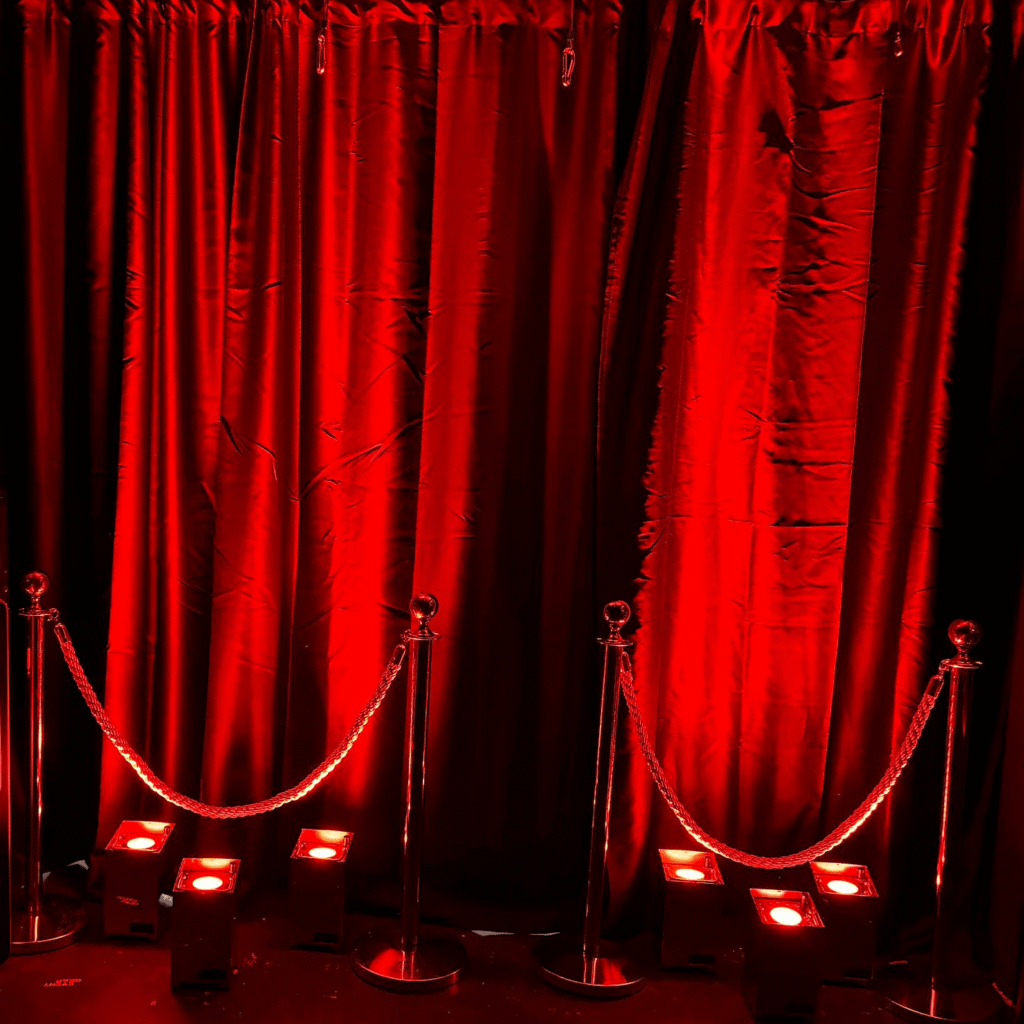 Rood gedecoreerde pipe & drape met uplights